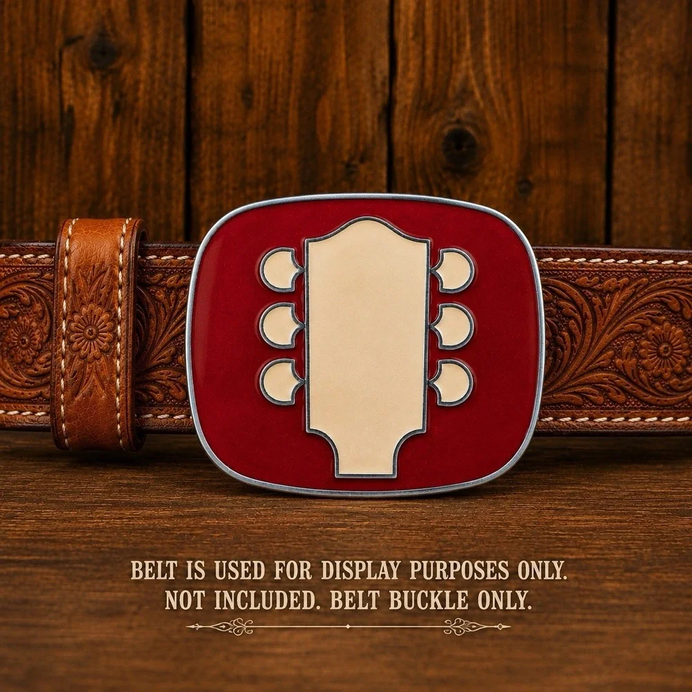 Guitar Headstock Belt Buckle‎ Red Enamel Silver Tone Metal 3